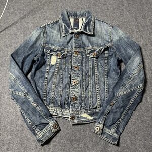VTG Y2K UNION Womens Distressed Denim Trucker Jacket Size 0 (XS) Grunge Western